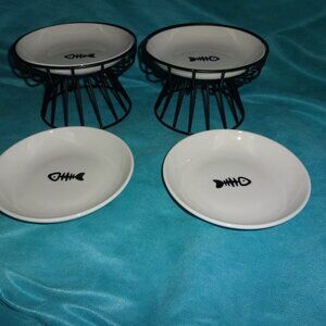 Lot 6 pc-Raised Cat Food Bowls 4 Shallow Ceramic Dishes 2 Metal Stands Elevated